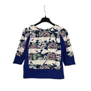 French Connection Floral Print Striped Textured Top Back Zip 3/4 Sleeves Size 4
